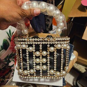 Neiman Marcus Rhinestone Cage Bag Sparkling Hollow Pearl Evening Clutch